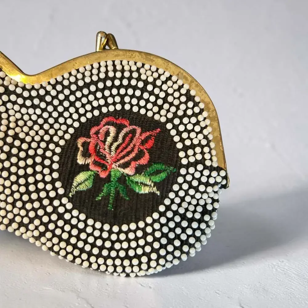 Vintage Beaded Clutch with Embroidered Rose Motif